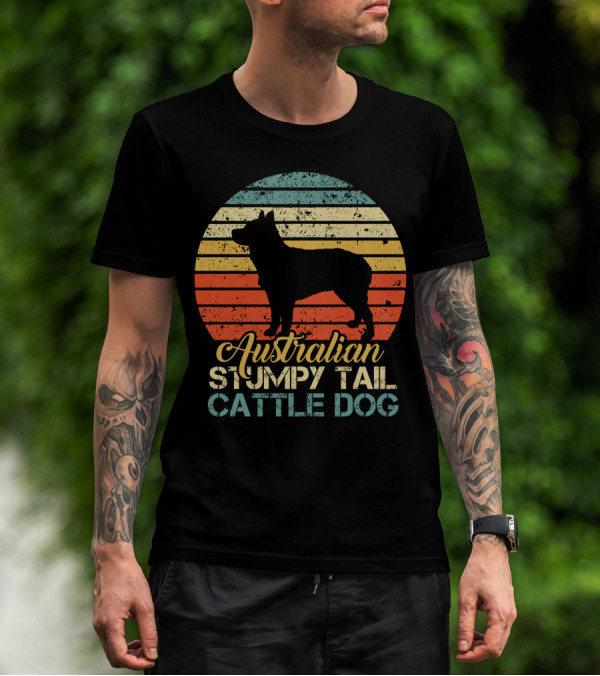 Vintage Retro Australian Stumpy Tail Cattle Dog Silhouette Sunset Stripes T-Shirt