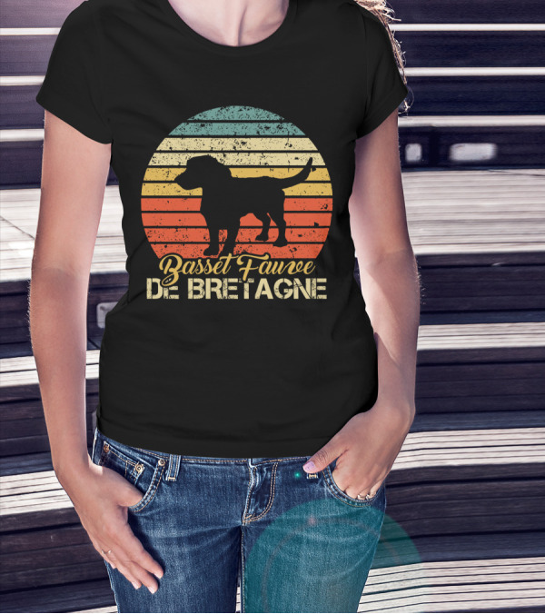 Retro Stripes Basset Fauve De Bretagne Silhouette Vintage T-Shirt