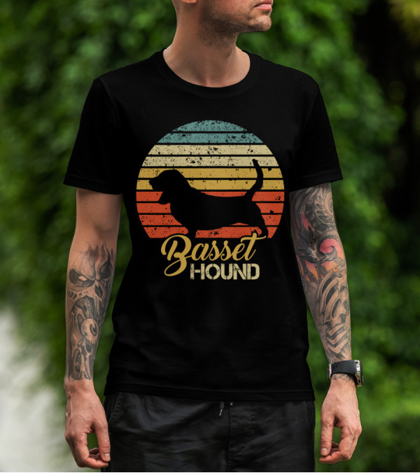 Retro Basset Hound Silhouette In Vintage Sunset T-Shirt