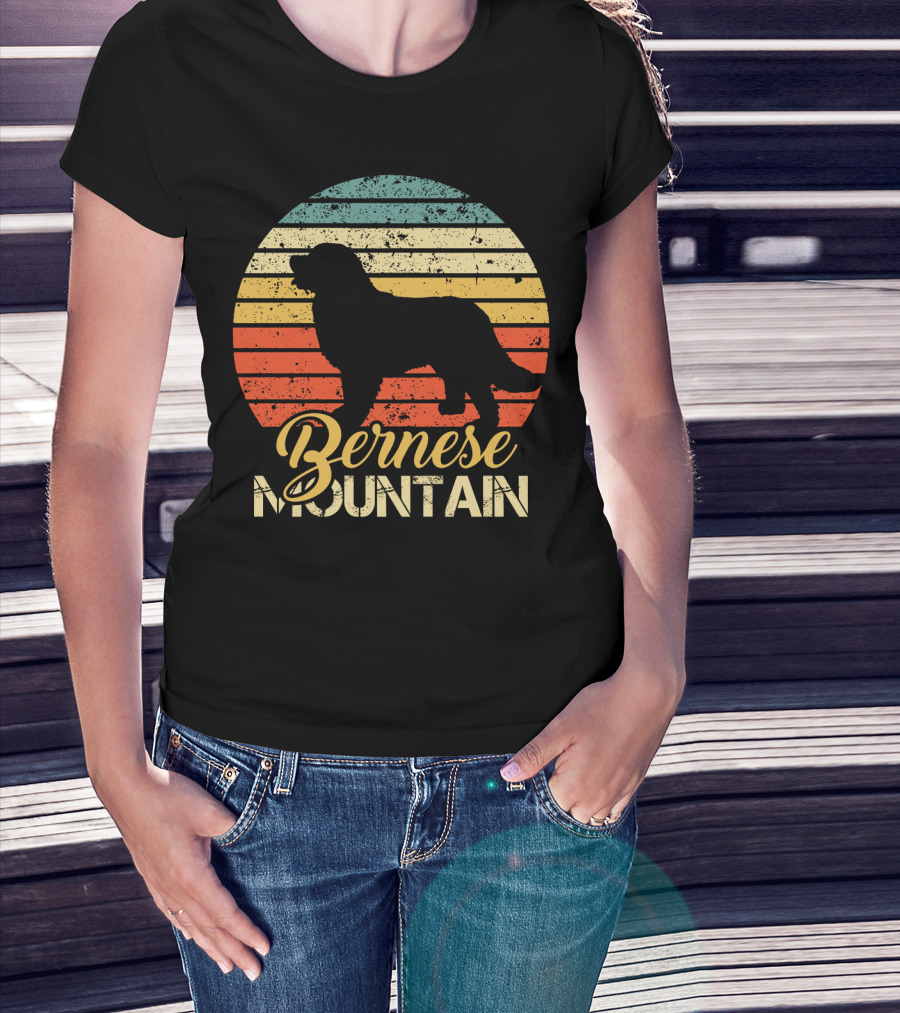 Retro Bernese Mountain Dog Silhouette With Striped Sunset Background T-Shirt