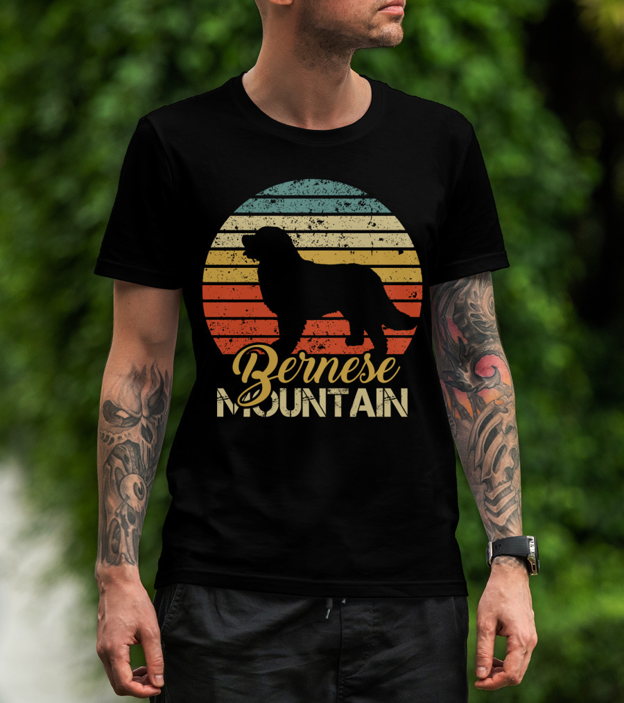 Retro Bernese Mountain Dog Silhouette With Striped Sunset Background T-Shirt