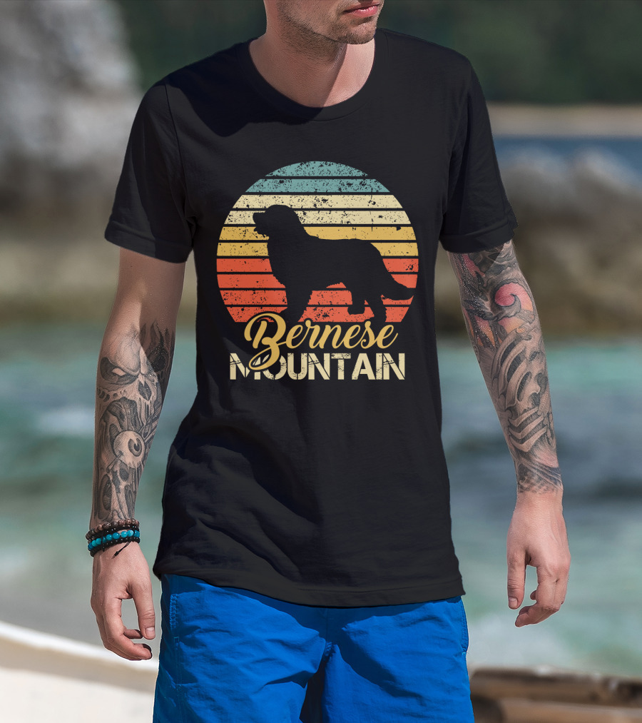 Retro Bernese Mountain Dog Silhouette With Striped Sunset Background T-Shirt