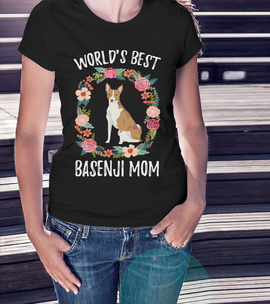 World's Best Basenji Mom Floral Wreath T-Shirt