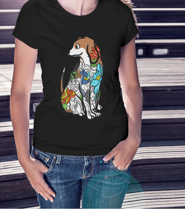 Beagle With Vibrant Floral Tattoo T-Shirt