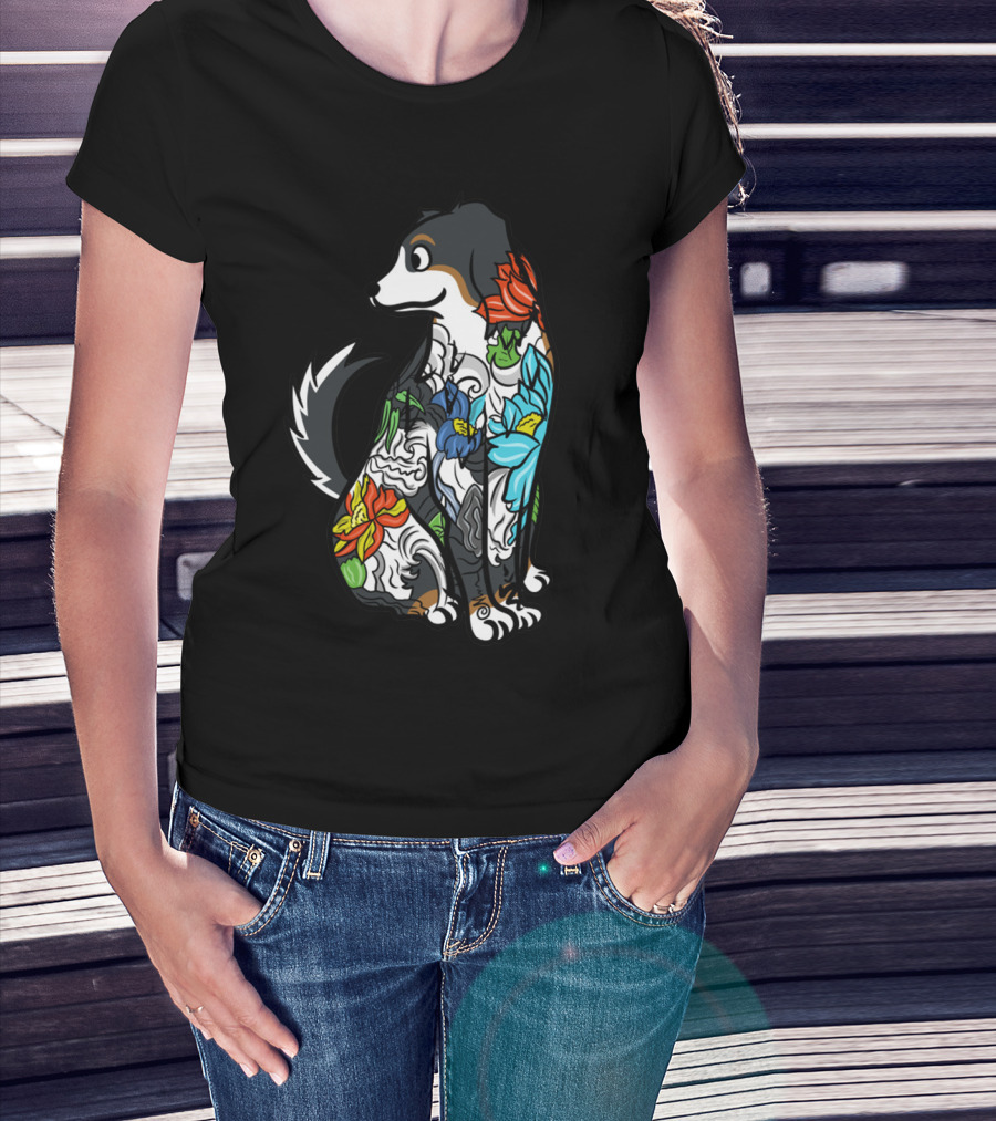 Colorful Floral Tattoo Style Bernese Mountain Dog T-Shirt