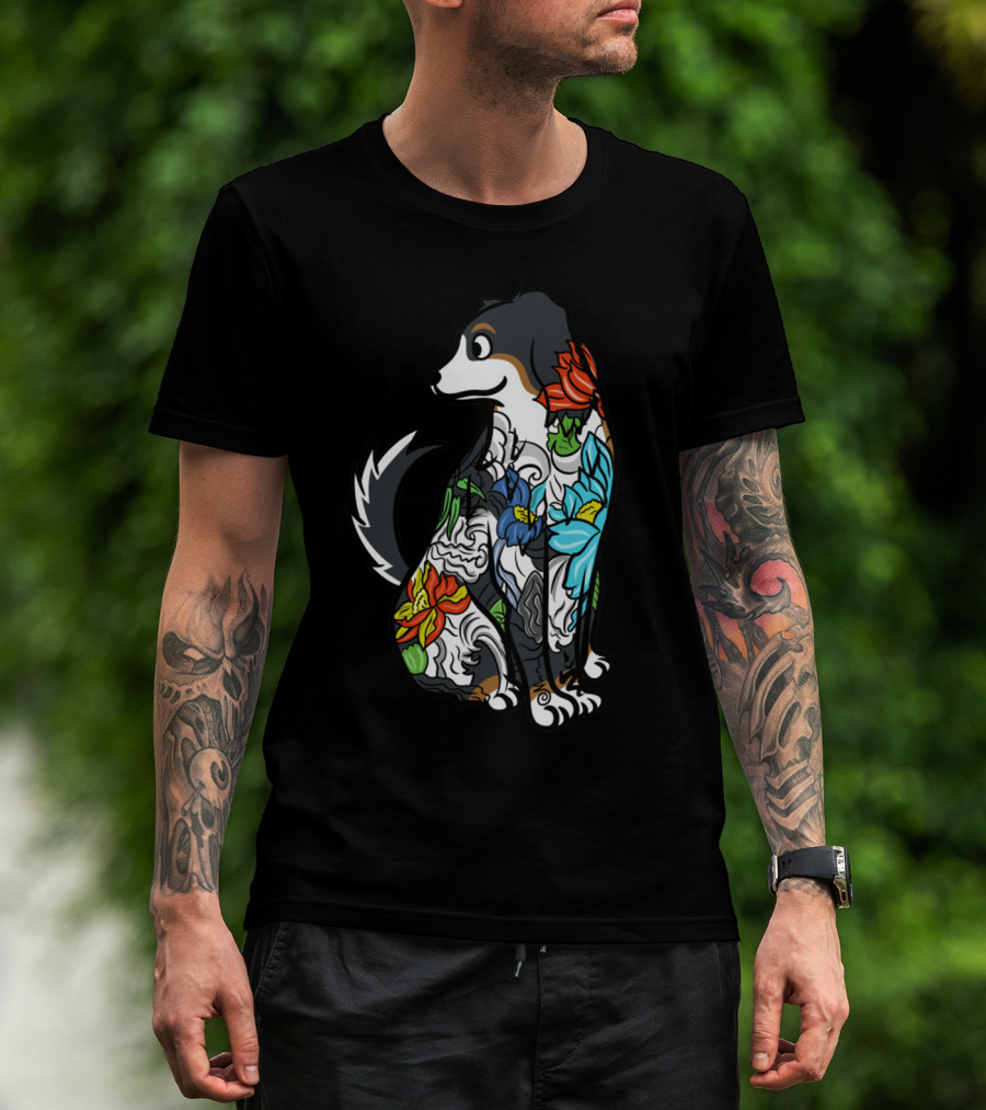 Colorful Floral Tattoo Style Bernese Mountain Dog T-Shirt