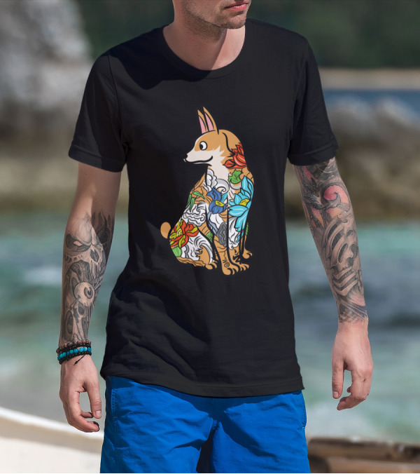Corgi With Colorful Floral Tattoo T-Shirt