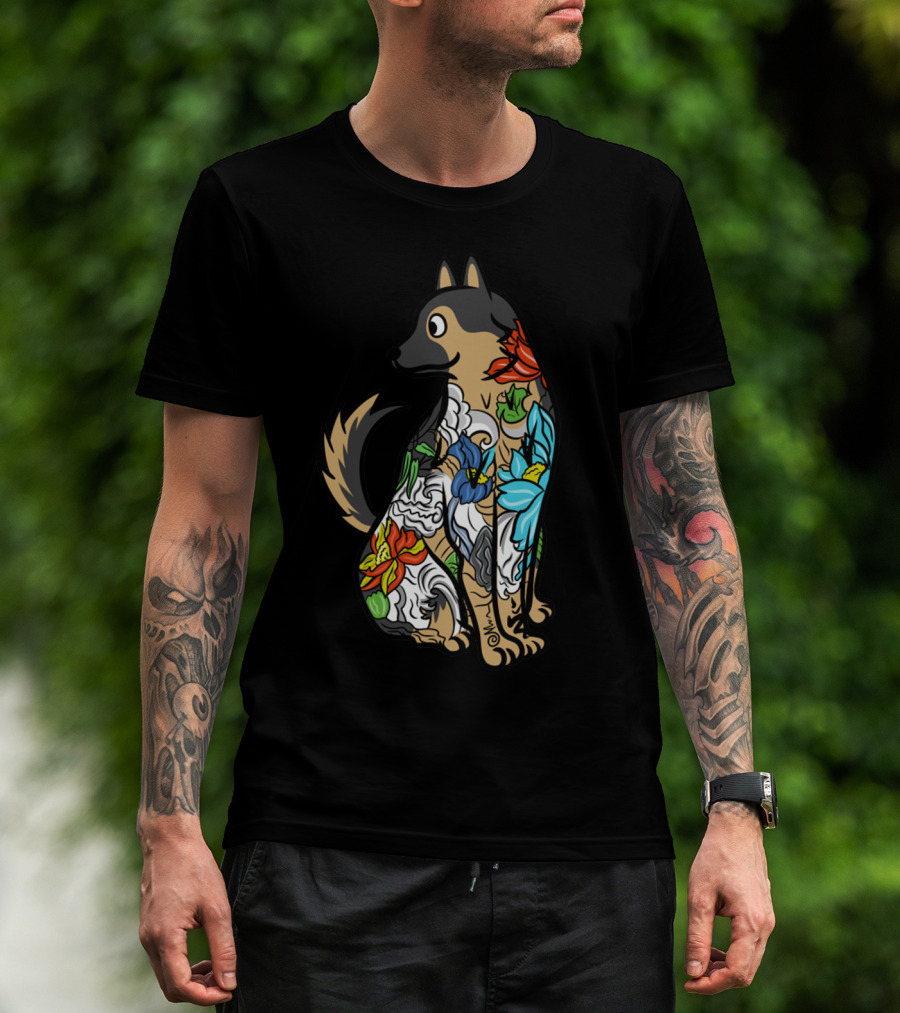 German Shepherd Vibrant Floral Tattoo T-Shirt