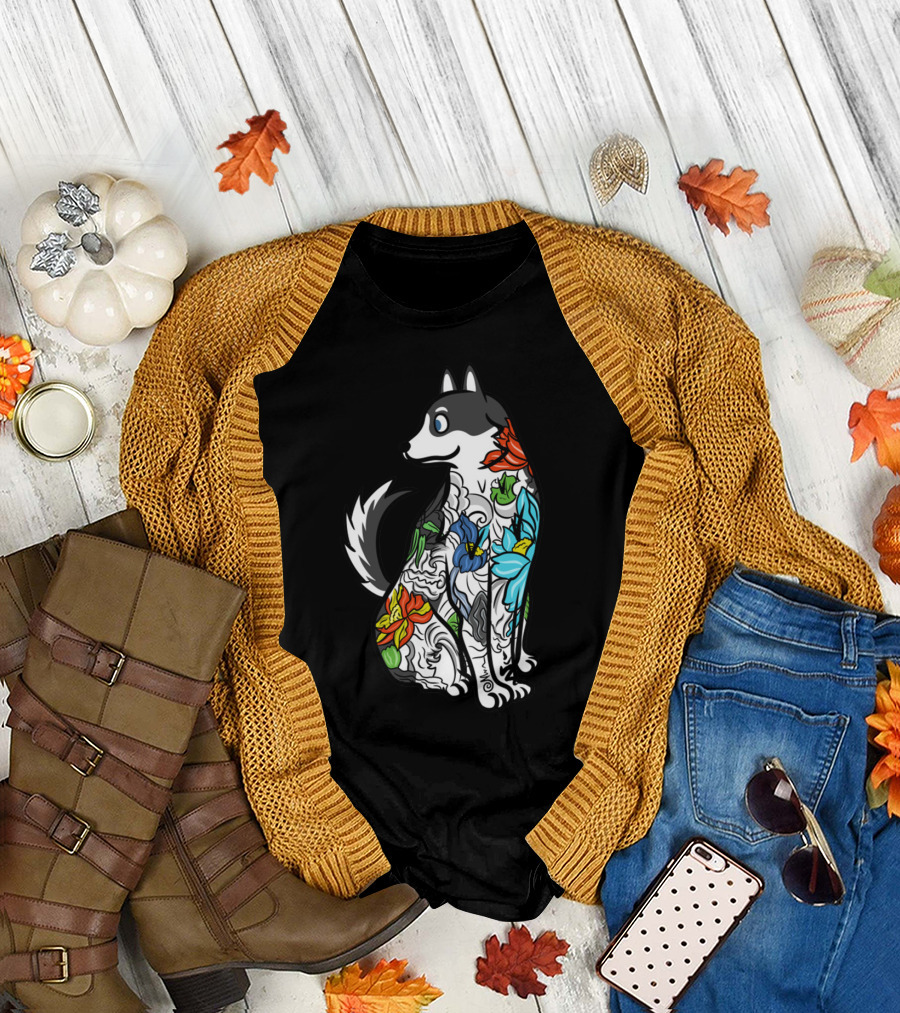 Husky Tattoo Floral Art Pattern in Black and Multicolor T-Shirt