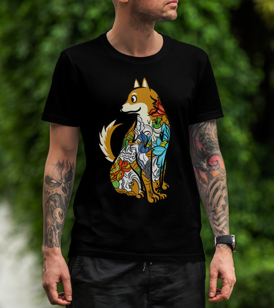 Shiba Inu Tattoo Colorful Floral T-Shirt