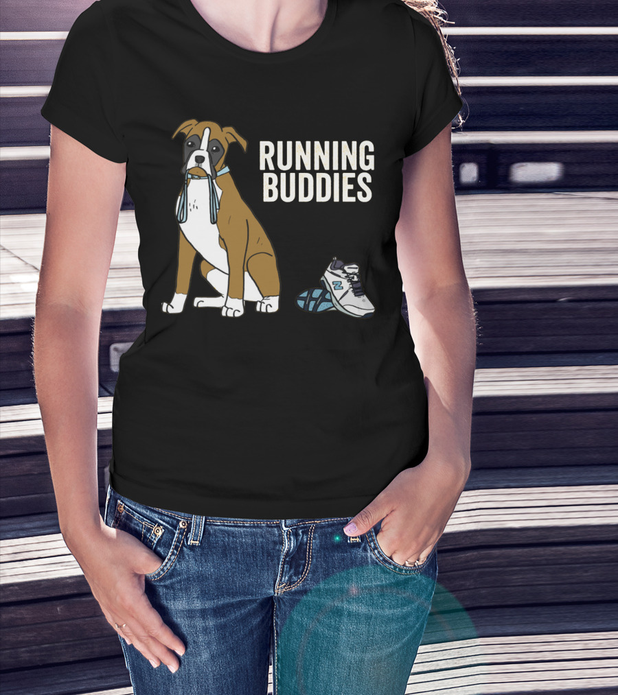Boxer With Shoe And Running Buddies Text T-Shirt