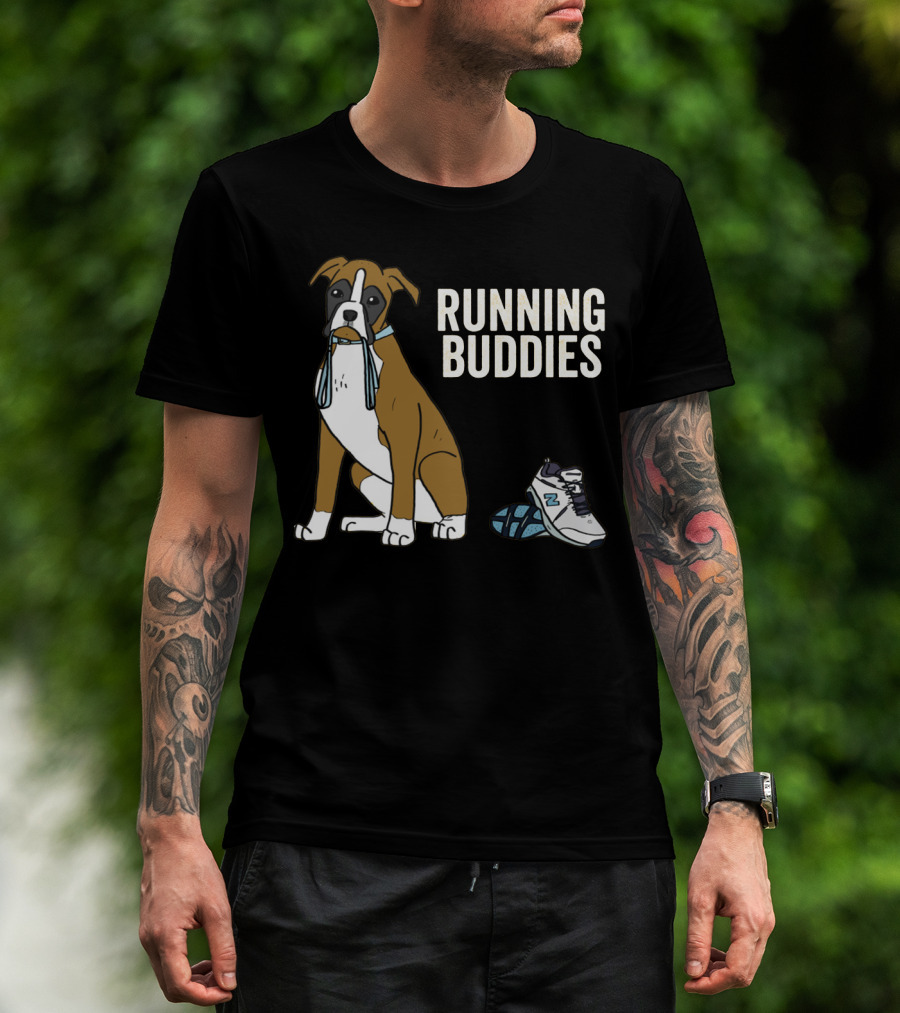 Boxer With Shoe And Running Buddies Text T-Shirt