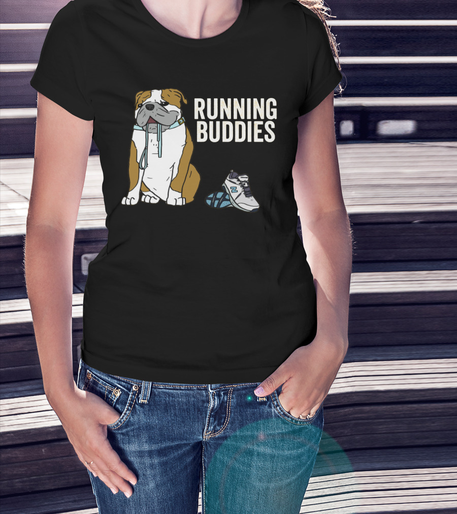 Bulldog And Sneakers Running Buddies With Leash And Shoe Companion T-Shirt