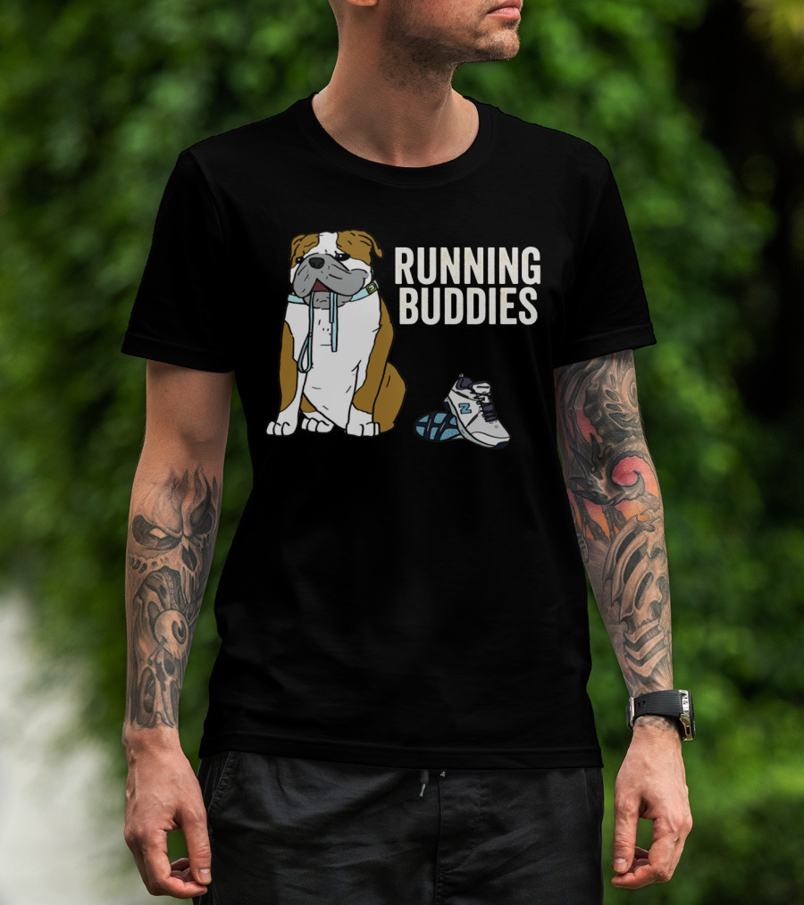 Bulldog And Sneakers Running Buddies With Leash And Shoe Companion T-Shirt