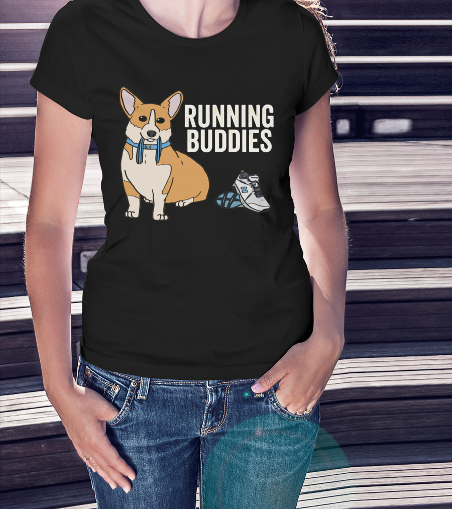 Corgi Running Buddies With Sneakers And Blue Collar T-Shirt