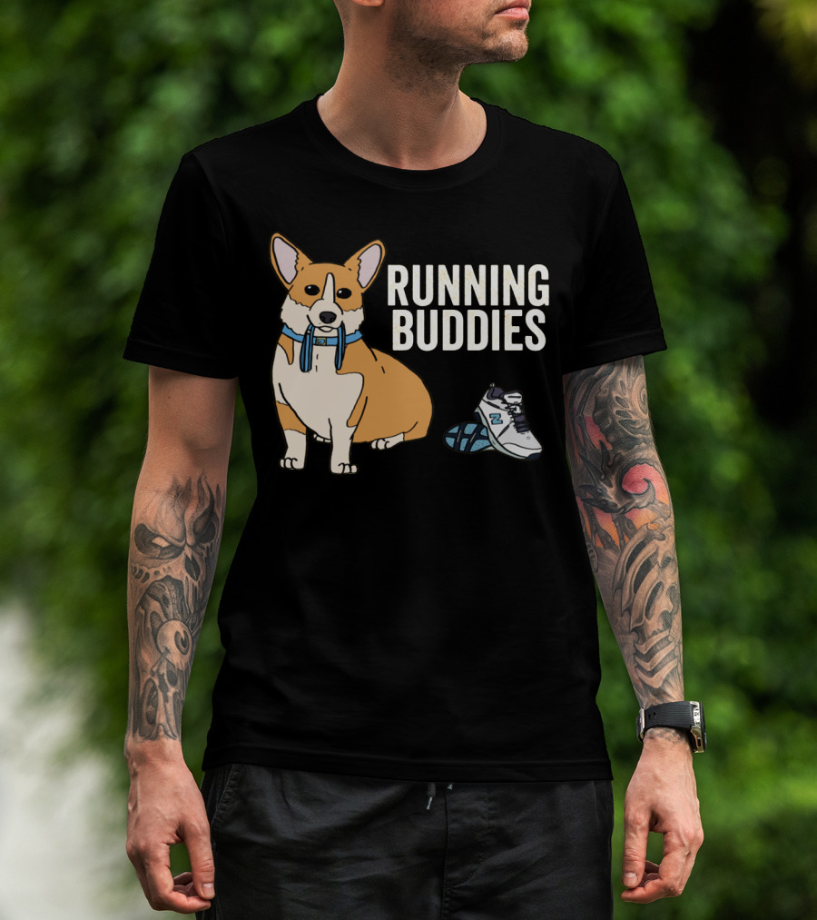 Corgi Running Buddies With Sneakers And Blue Collar T-Shirt
