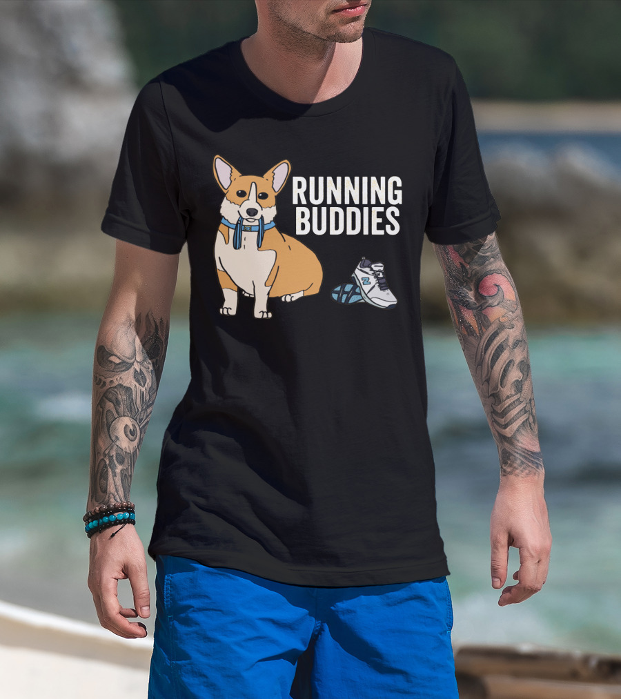 Corgi Running Buddies With Sneakers And Blue Collar T-Shirt