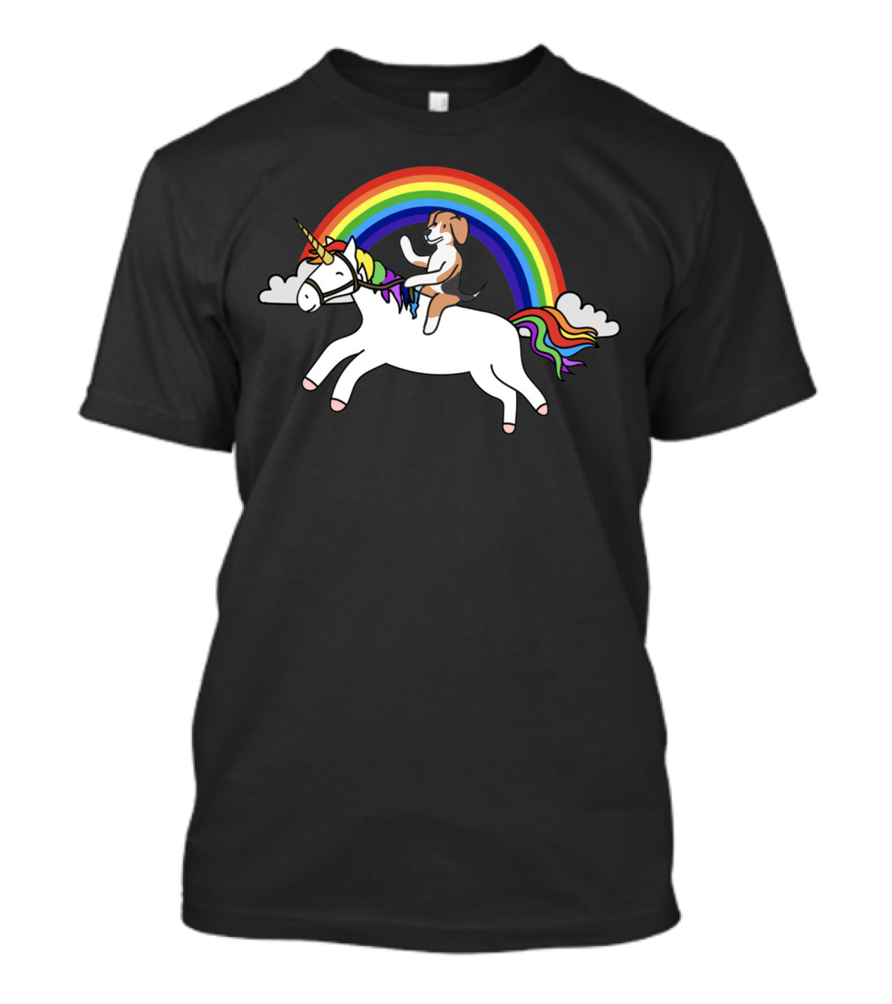 Beagle Riding Unicorn Under Rainbow With Clouds T-Shirt