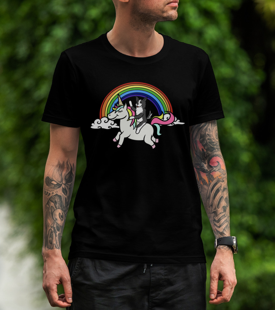 Border Collie Riding Unicorn With Colorful Rainbow T-Shirt