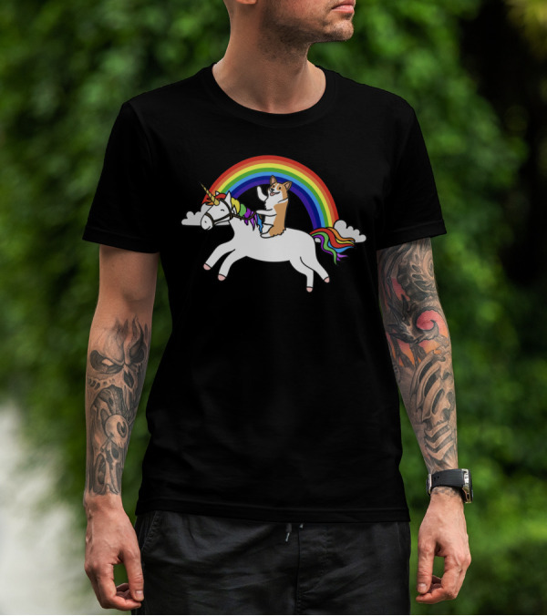 Corgi Riding Unicorn With Rainbow Arch And Cloud Elements T-Shirt
