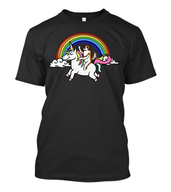 St Bernard On Unicorn With Vibrant Rainbow And Clouds T-Shirt