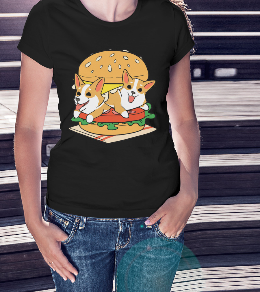 Corgi Burger Delight Double Pup Cheeseburger Fun T-Shirt