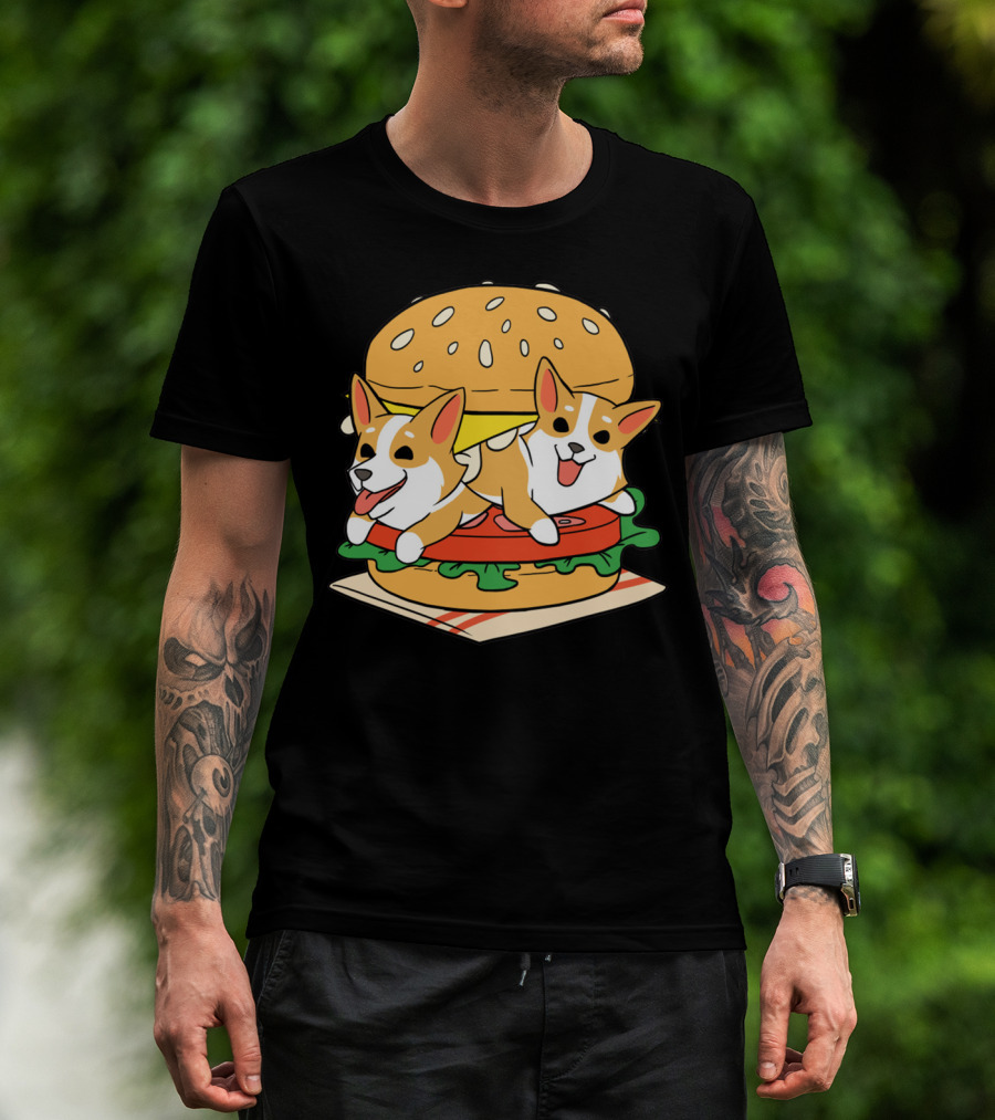 Corgi Burger Delight Double Pup Cheeseburger Fun T-Shirt