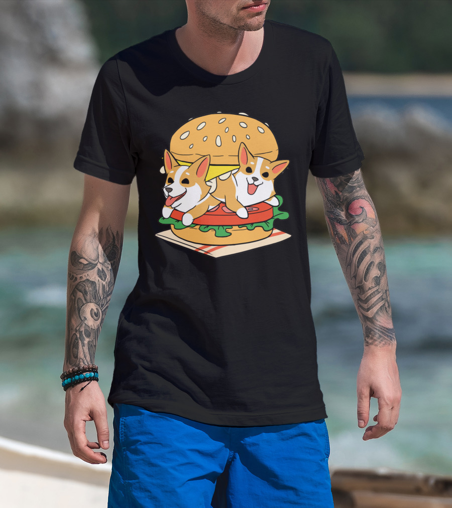 Corgi Burger Delight Double Pup Cheeseburger Fun T-Shirt
