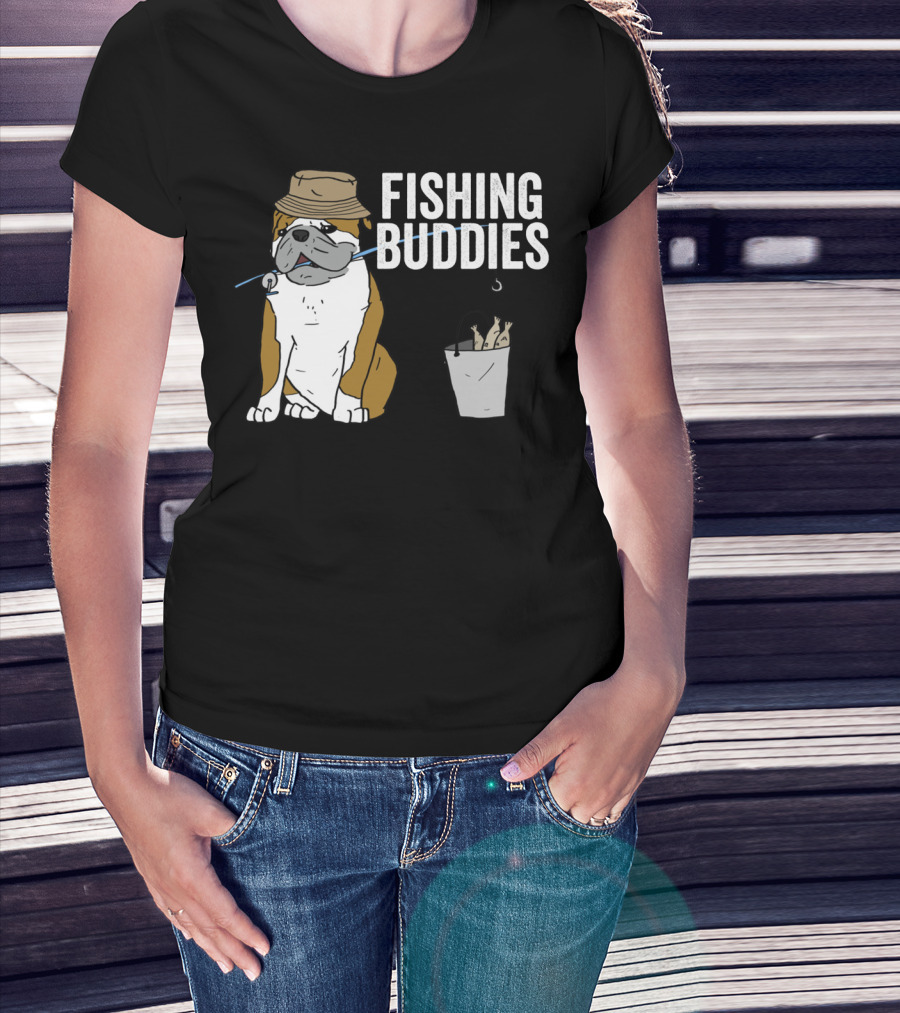 Bulldog Wearing Hat With Fishing Hook And Bucket - Fun Fishing Buddies T-Shirt
