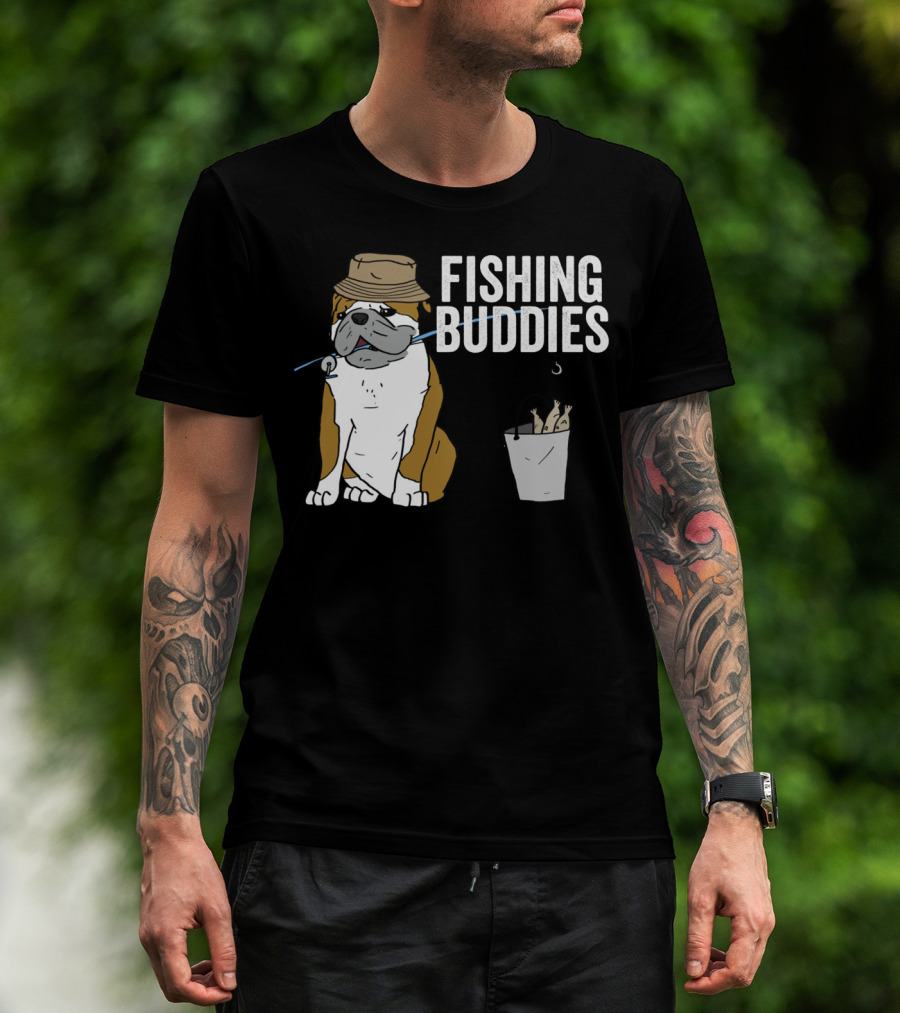 Bulldog Wearing Hat With Fishing Hook And Bucket - Fun Fishing Buddies T-Shirt