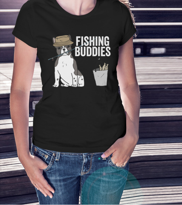 French Bulldog Fishing Buddies With Hat And Fish Bucket T-Shirt
