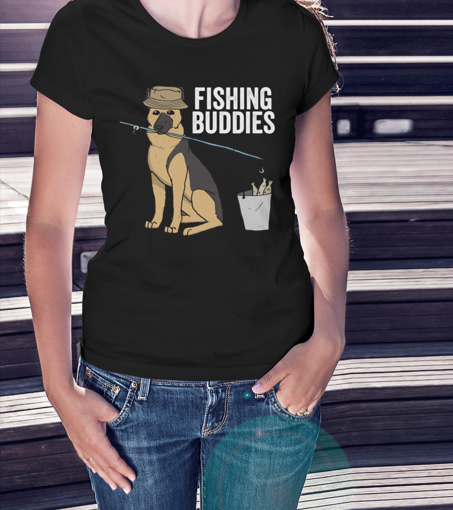 Fishing Buddies German Shepherd Bucket And Fishing Rod T-Shirt