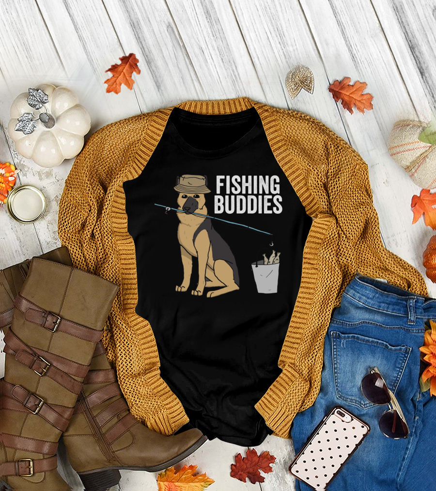 Fishing Buddies German Shepherd Bucket and Fishing Rod T-Shirt