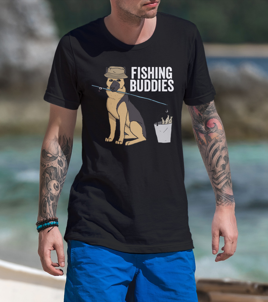 Fishing Buddies German Shepherd Bucket And Fishing Rod T-Shirt