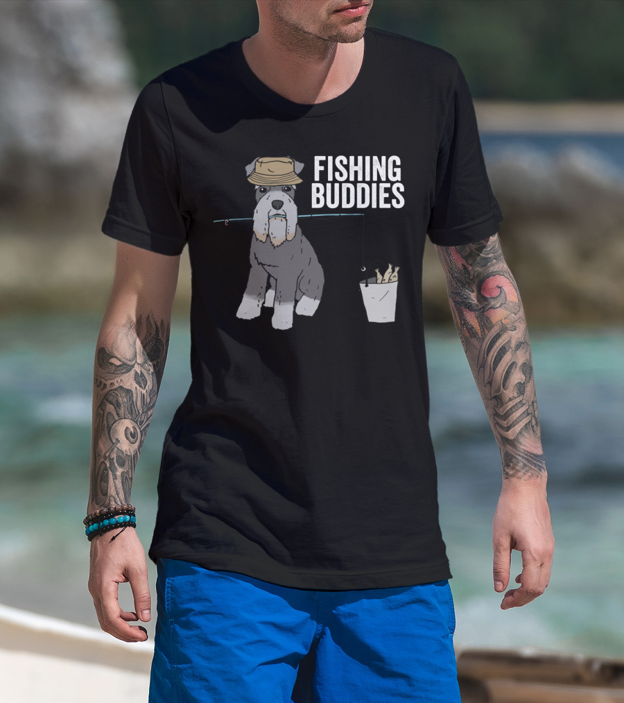 Schnauzer Dog Wearing Fishing Hat With Rod And Bucket - Fishing Buddies T-Shirt