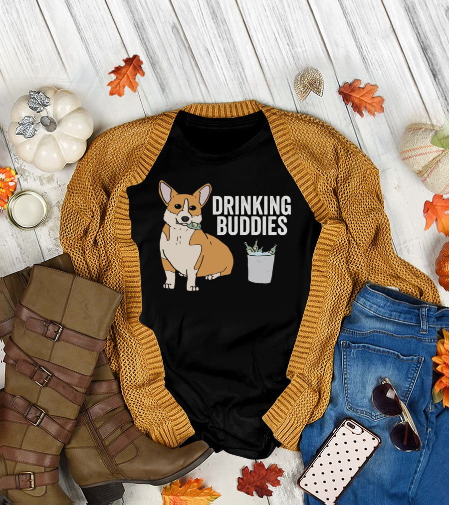 Corgi with Beer Cooler and Drinking Buddies Text T-Shirt