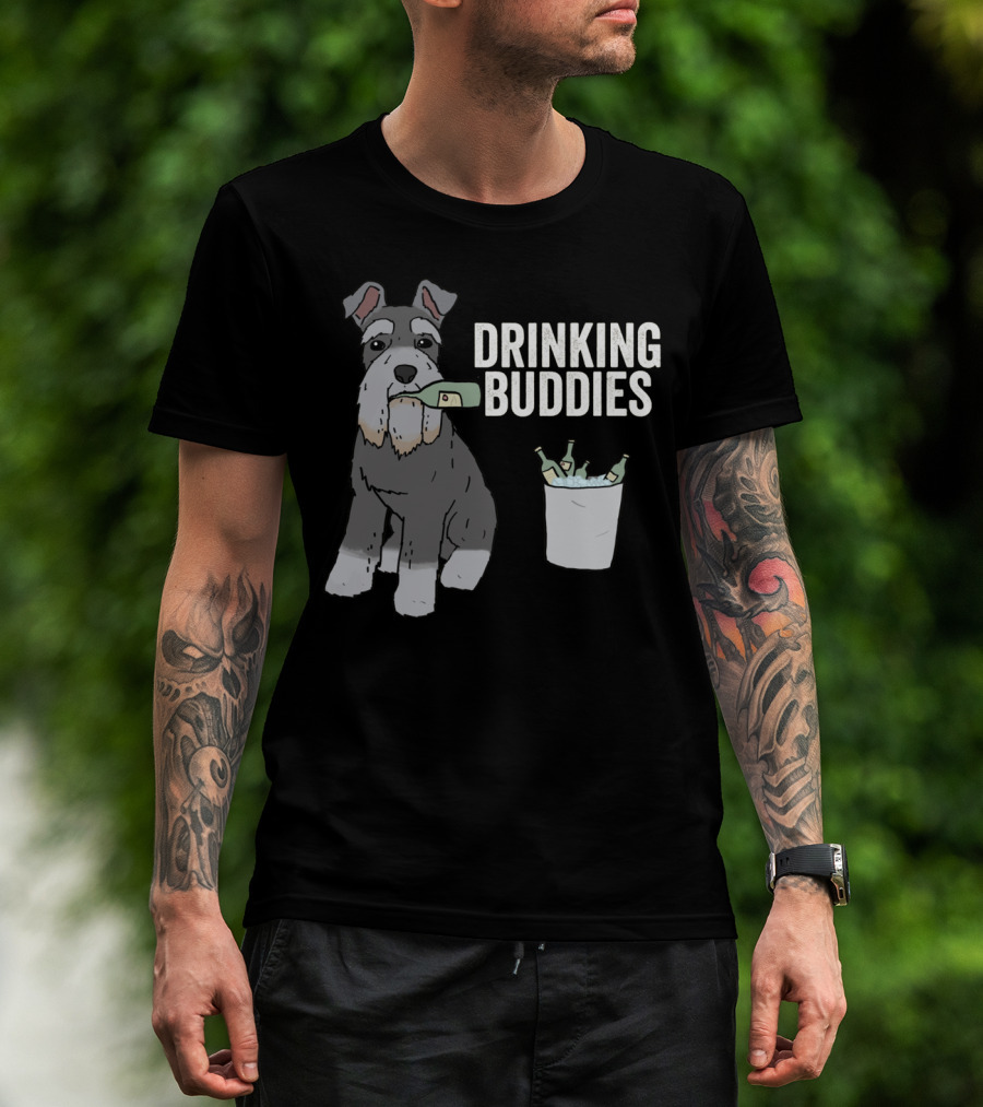 Schnauzer With Beer Bottle And Ice Bucket - Drinking Buddies T-Shirt