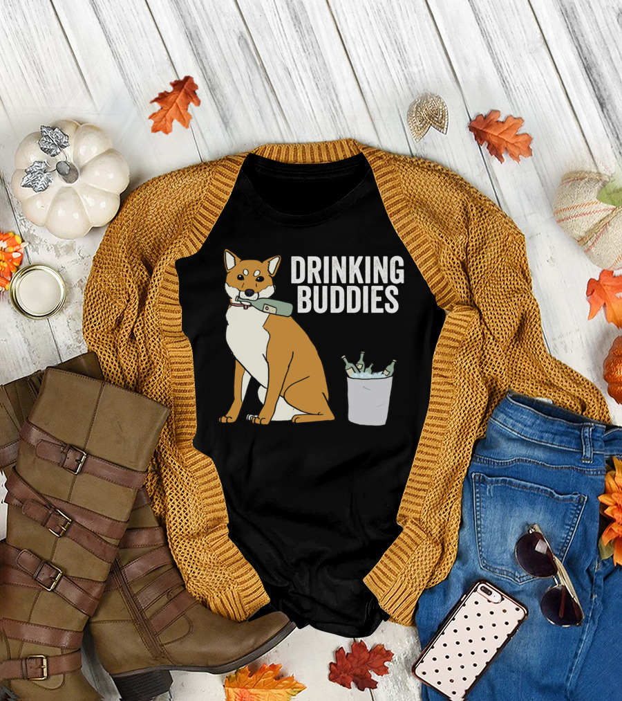Shiba Inu with Ice Bucket and Bottles Drinking Buddies T-Shirt