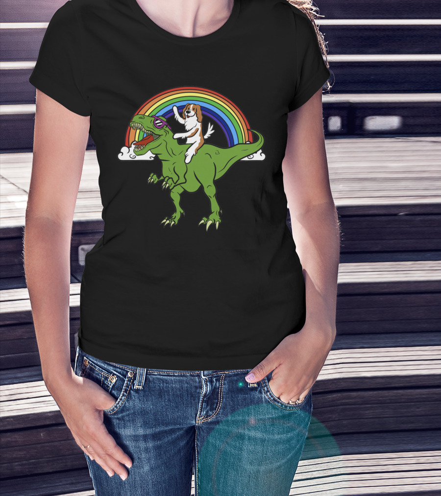 Cavalier Dinosaur With Dog And Rainbow T-Shirt