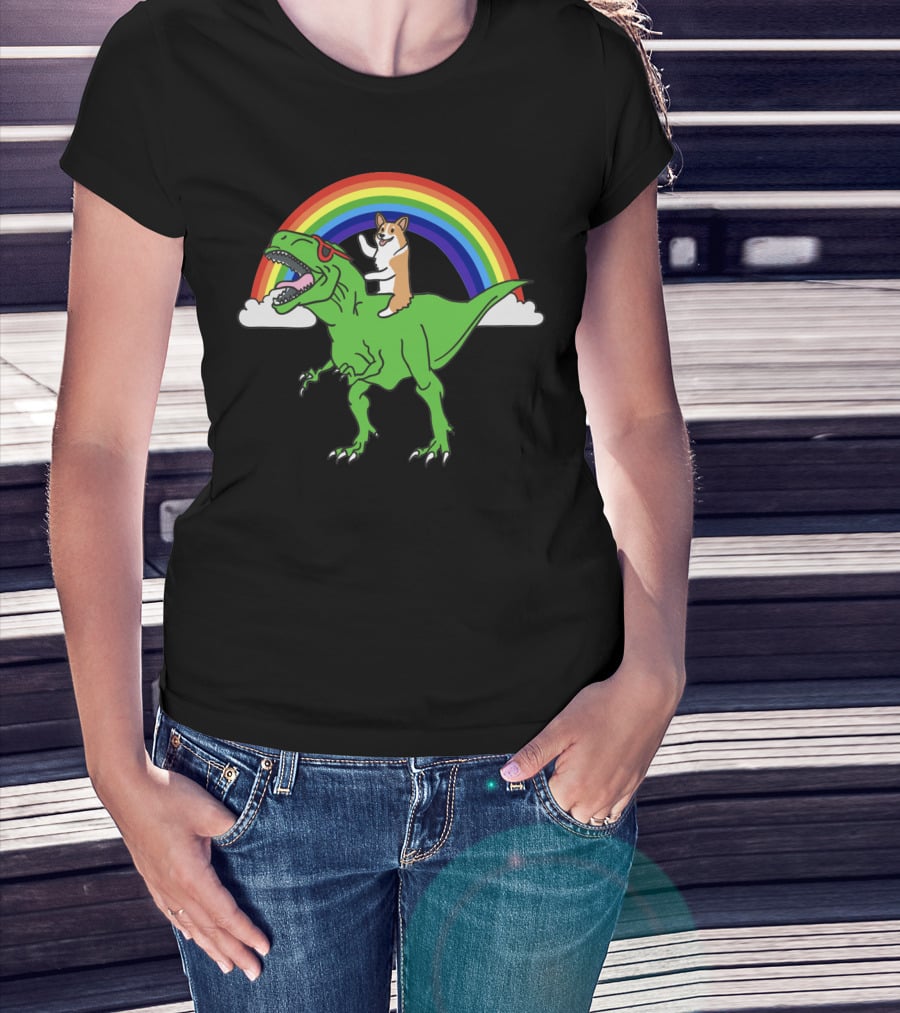 Corgi Dinosaur Riding T-Rex With Rainbow And Sunglasses T-Shirt