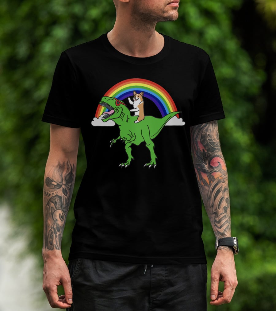 Corgi Dinosaur Riding T-Rex With Rainbow And Sunglasses T-Shirt