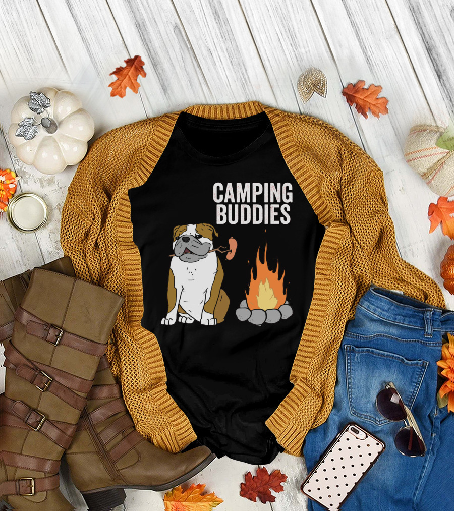 Bulldog Enjoying Campfire with Sausage and Camping Buddies T-Shirt