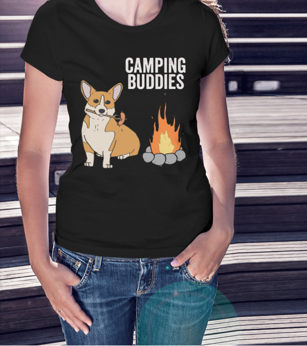 Corgi Roasting Marshmallow By Campfire - Camping Buddies Adventure T-Shirt