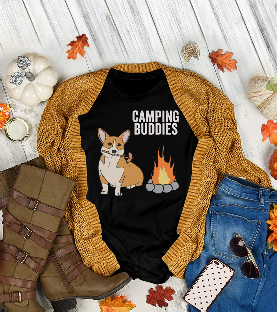 Corgi Roasting Marshmallow by Campfire - Camping Buddies Adventure T-Shirt
