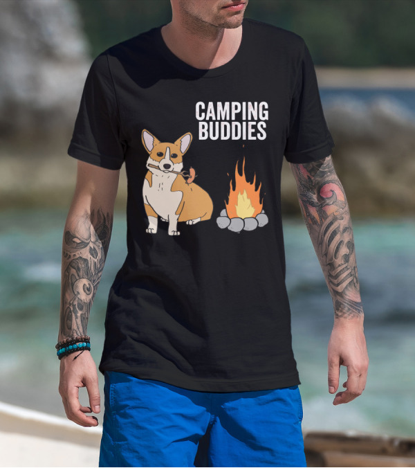 Corgi Roasting Marshmallow By Campfire - Camping Buddies Adventure T-Shirt