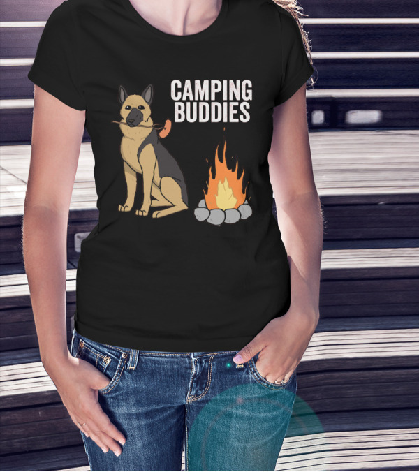 Camping Buddies German Shepherd Roasting By Campfire T-Shirt