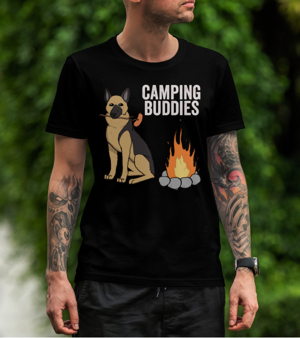 Camping Buddies German Shepherd Roasting By Campfire T-Shirt