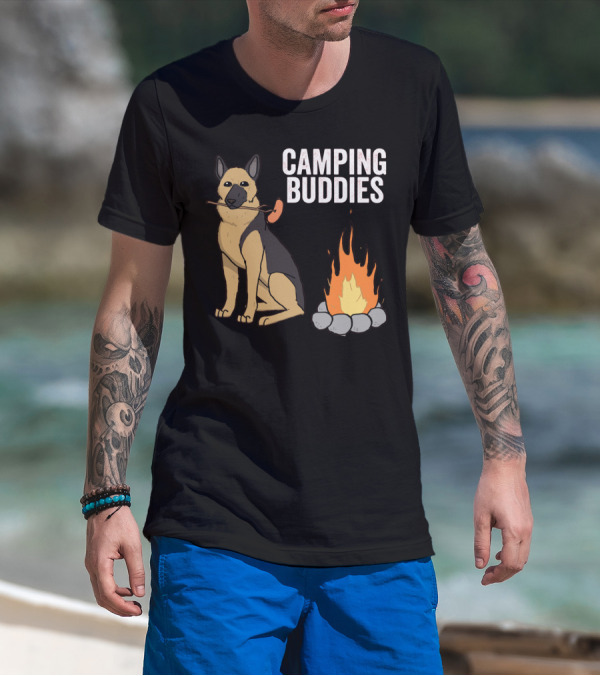 Camping Buddies German Shepherd Roasting By Campfire T-Shirt