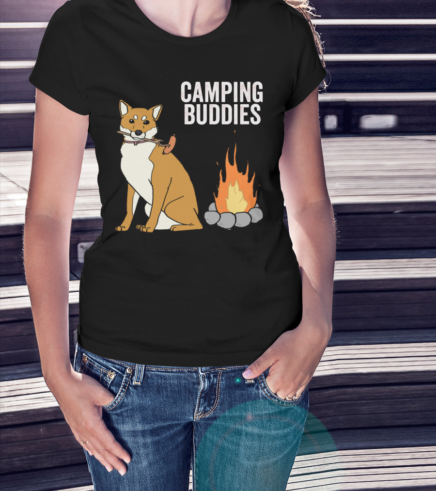 Camping Buddies Shiba Inu Roasting Sausage Near Campfire T-Shirt