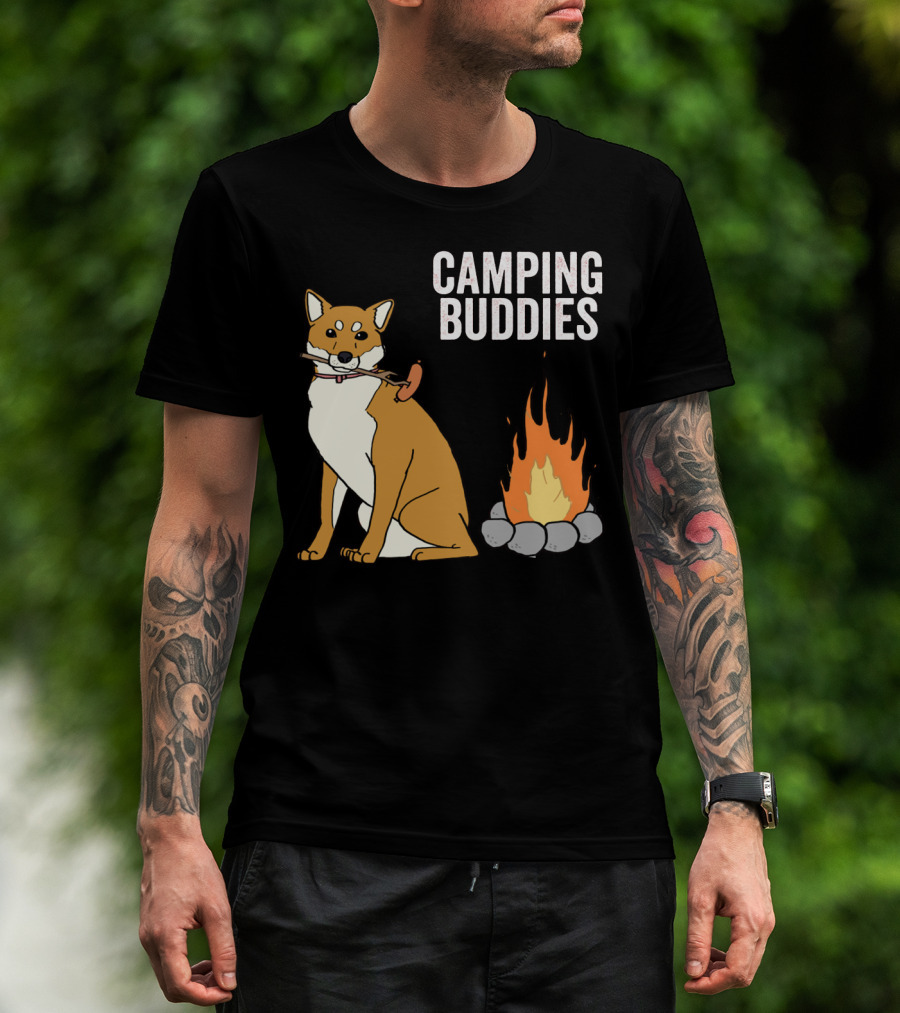 Camping Buddies Shiba Inu Roasting Sausage Near Campfire T-Shirt